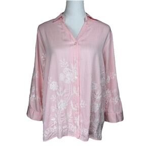 Women's Ana & Rose Top Blouse L 3/4 Sleeves Button Up Pink Embroidered Feminine